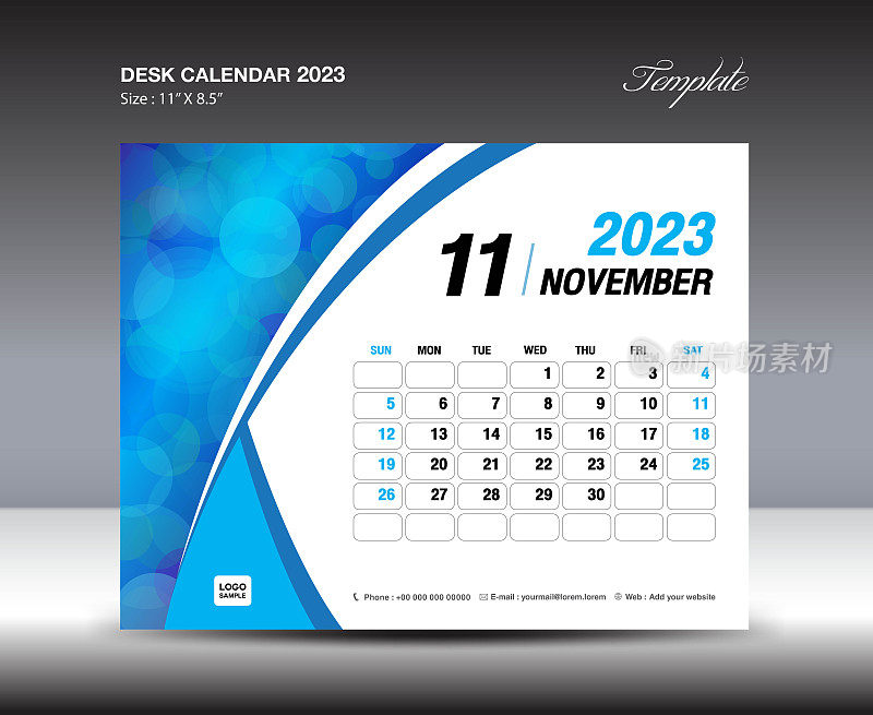 2023年11月模板- 2023年台历模板，2023年挂历，每周开始周日，记事本设计，文具设计，传单设计，印刷媒体，蓝色曲线背景矢量